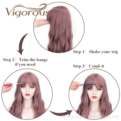Vigorous Hot Selling Cheap Price Long Body Wave With Neat Bangs Pink High Temperature Fiber For Black Women Synthetic Hair Wigs